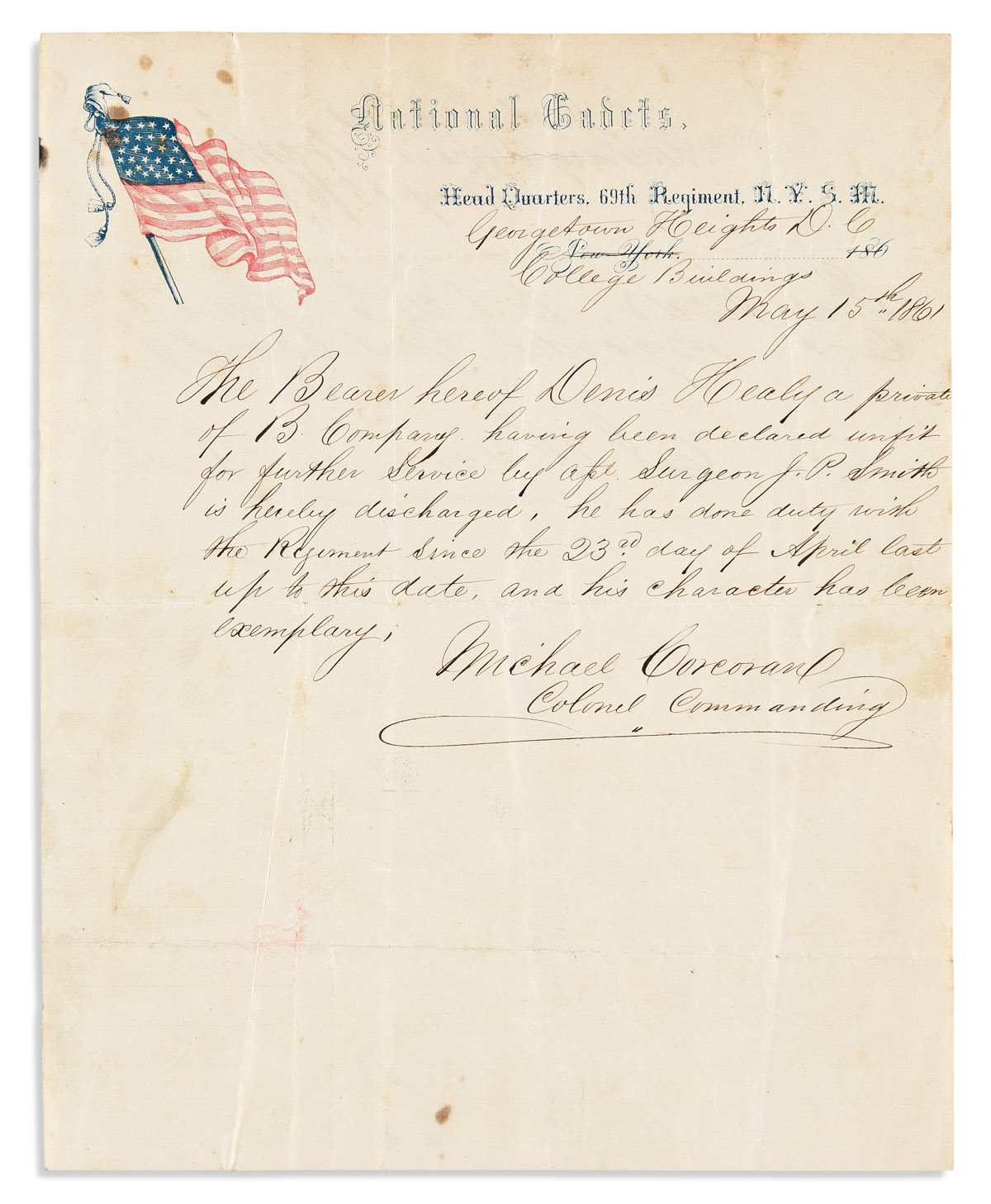 (CIVIL WAR.) CORCORAN, MICHAEL. Autograph Letter Signed, Michael Corcoran / Colonel Commanding, to an unnamed recipient (lacking salu